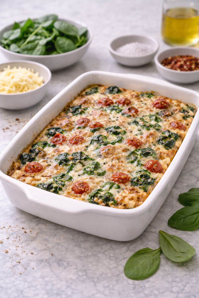 Spinach and sun-dried tomato bake served warm in a baking dish