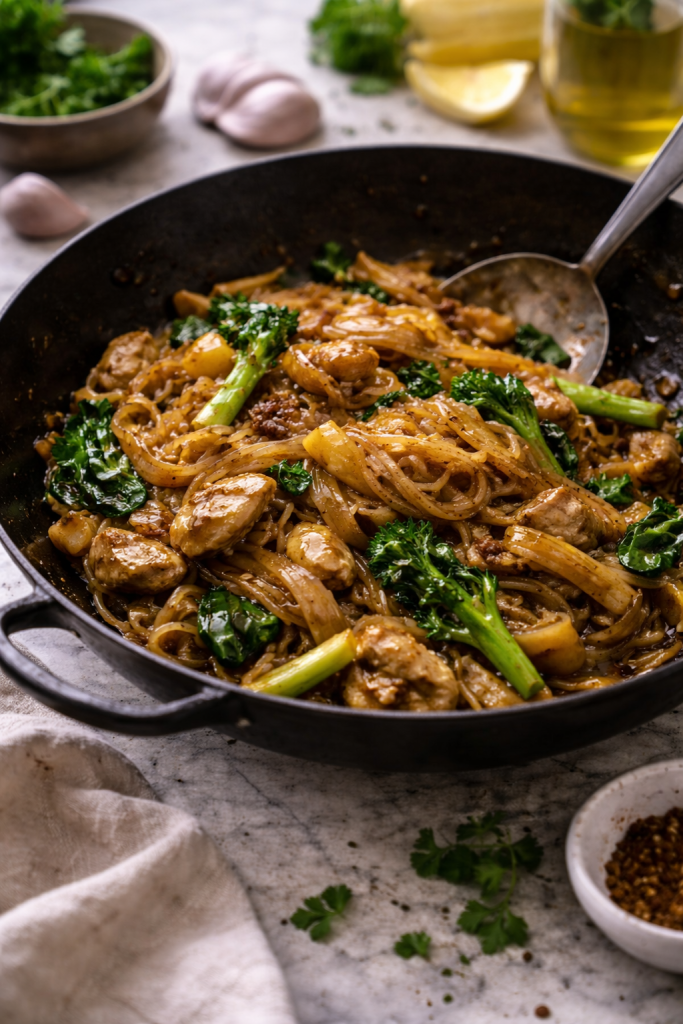 Home-cooked soy-glazed rice noodles with chicken and egg