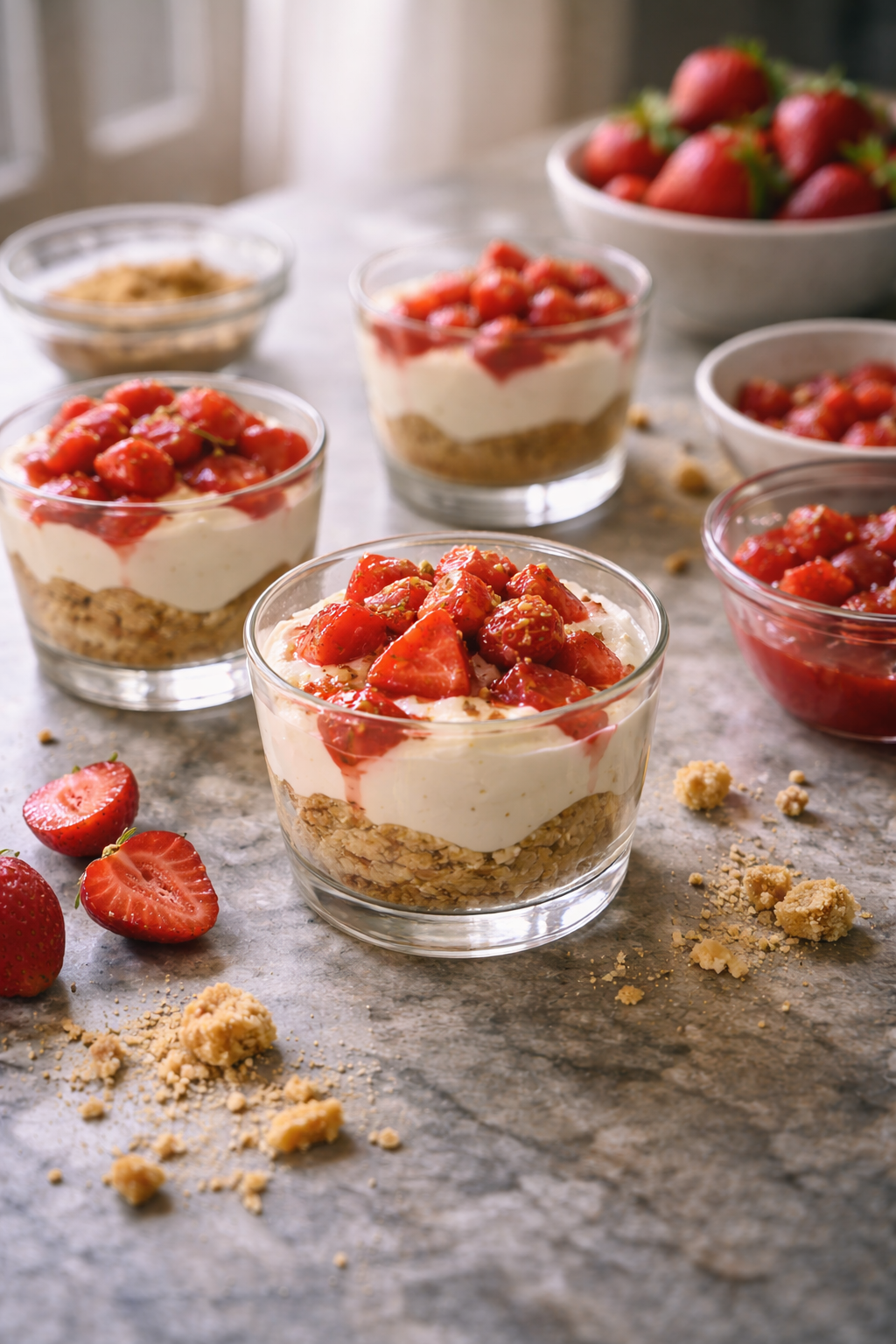 Layered strawberry cheesecake sundae served in a glass with visible cream, fruit, and biscuit layers in natural light.
