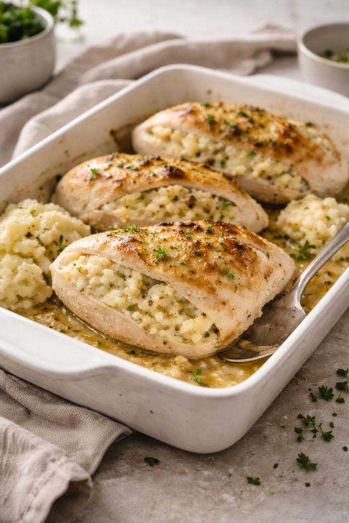 Stuffed chicken breast sliced open with savory potato filling baked in a ceramic dish under soft natural light