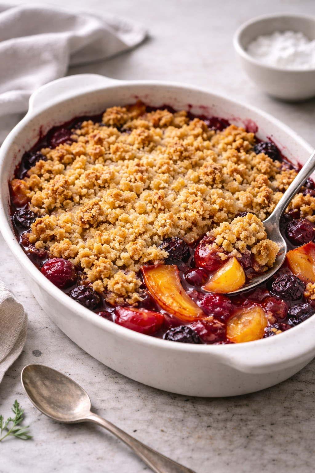 Baked summer fruits topped with golden crumbly topping in a rustic baking dish