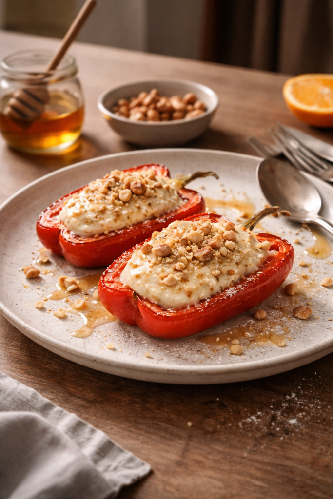 Sweet oven-baked peppers stuffed with cream cheese, made as an easy dessert with minimal effort.