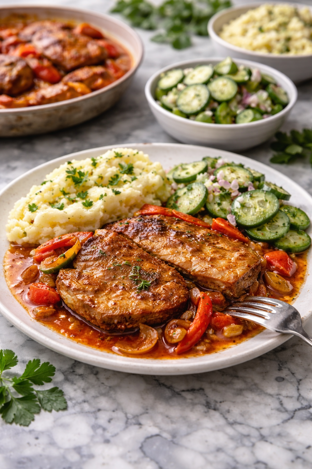 Tender pork loin braised in a paprika sauce with sweet peppers