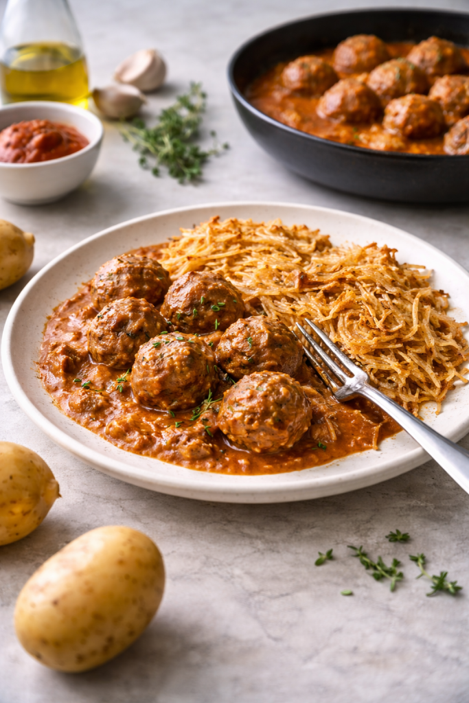 Thyme-scented meatballs in tomato peanut sauce served with crispy potato hash in a home kitchen setting