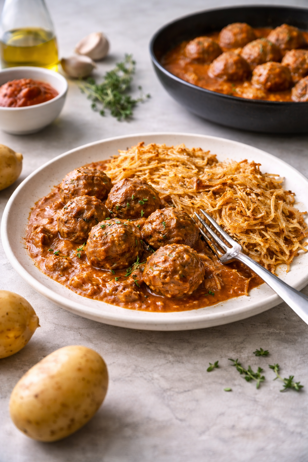 Thyme-scented meatballs in tomato peanut sauce served with crispy potato hash in a home kitchen setting