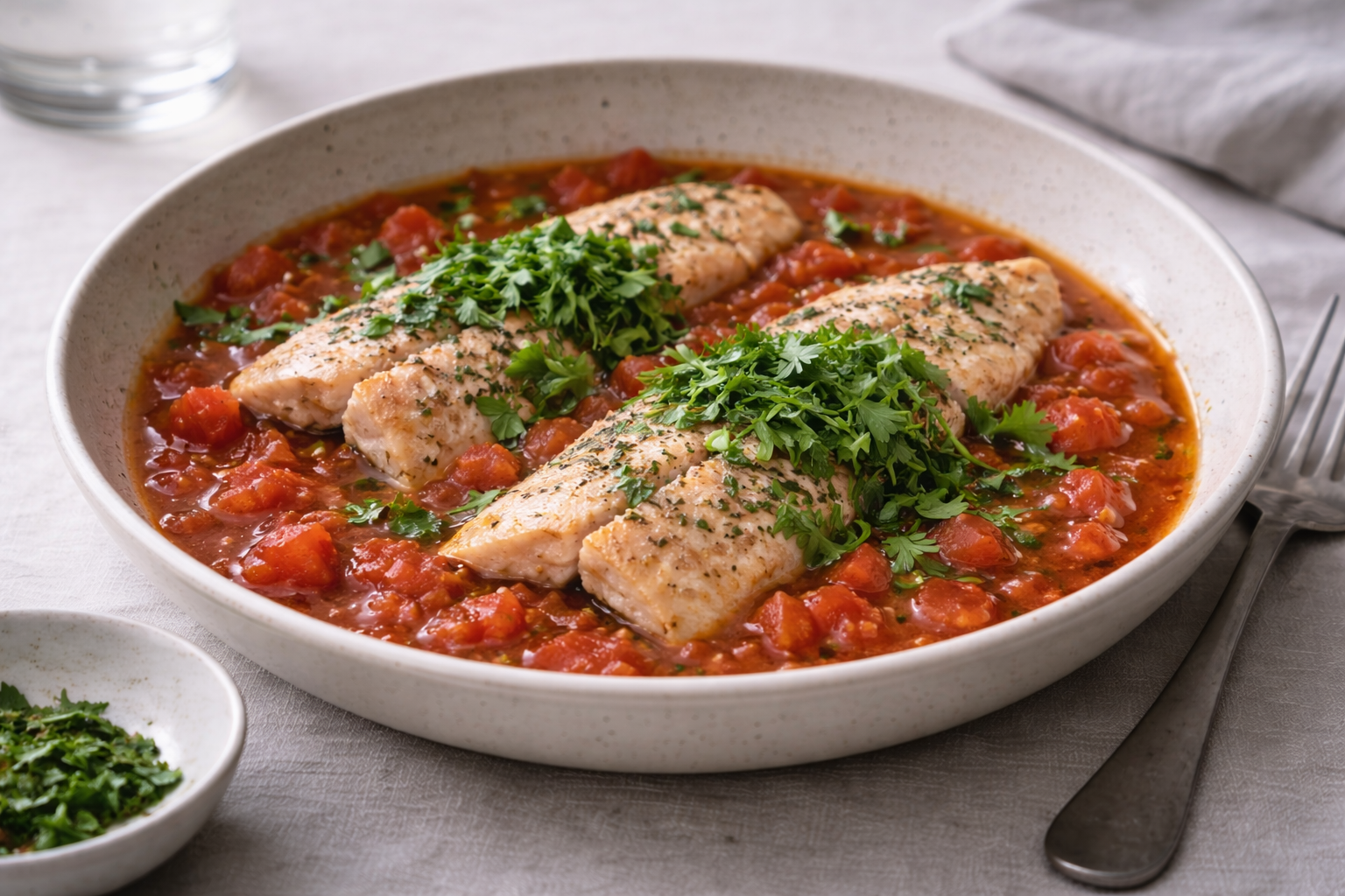 Trout fillets braised in tomato sauce with ginger and fresh herbs on a ceramic plate