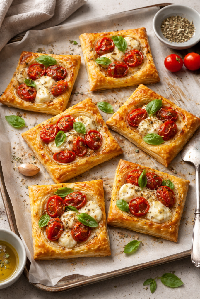 Golden puff pastry squares topped with melted mozzarella, roasted cherry tomatoes, and fresh basil on a baking tray