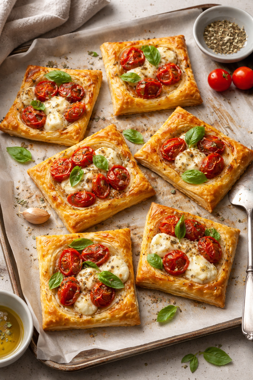 Golden puff pastry squares topped with melted mozzarella, roasted cherry tomatoes, and fresh basil on a baking tray