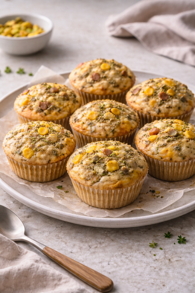 Savory tuna and corn muffins served on a ceramic plate in natural light