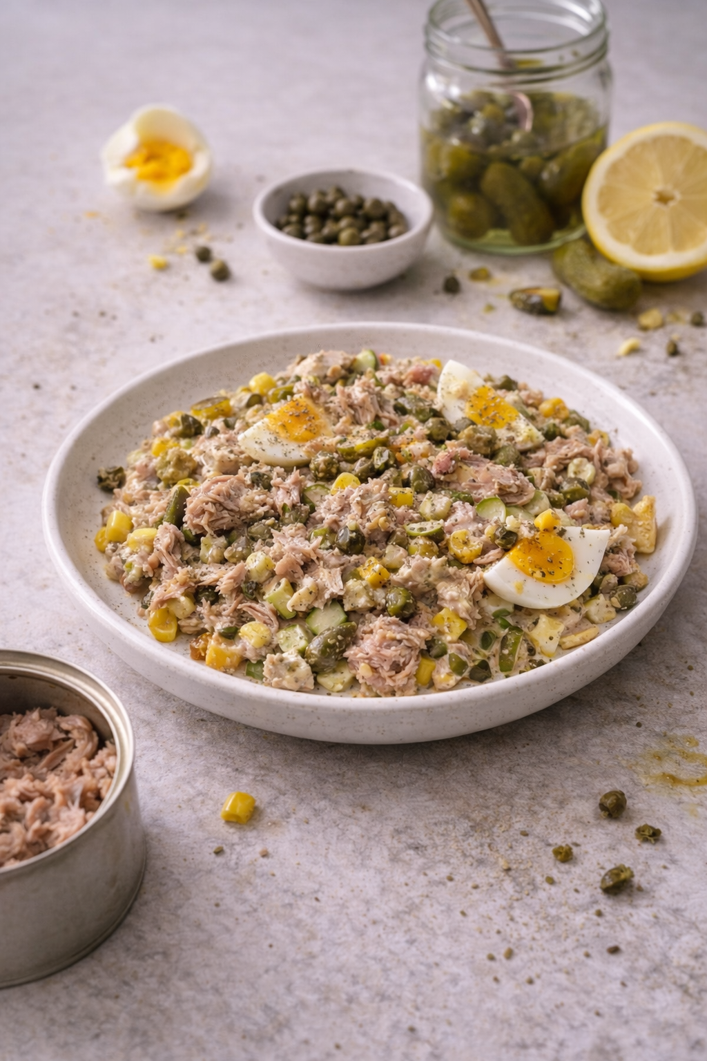 Creamy tuna salad with eggs and capers served on a plate in natural daylight, with visible texture.