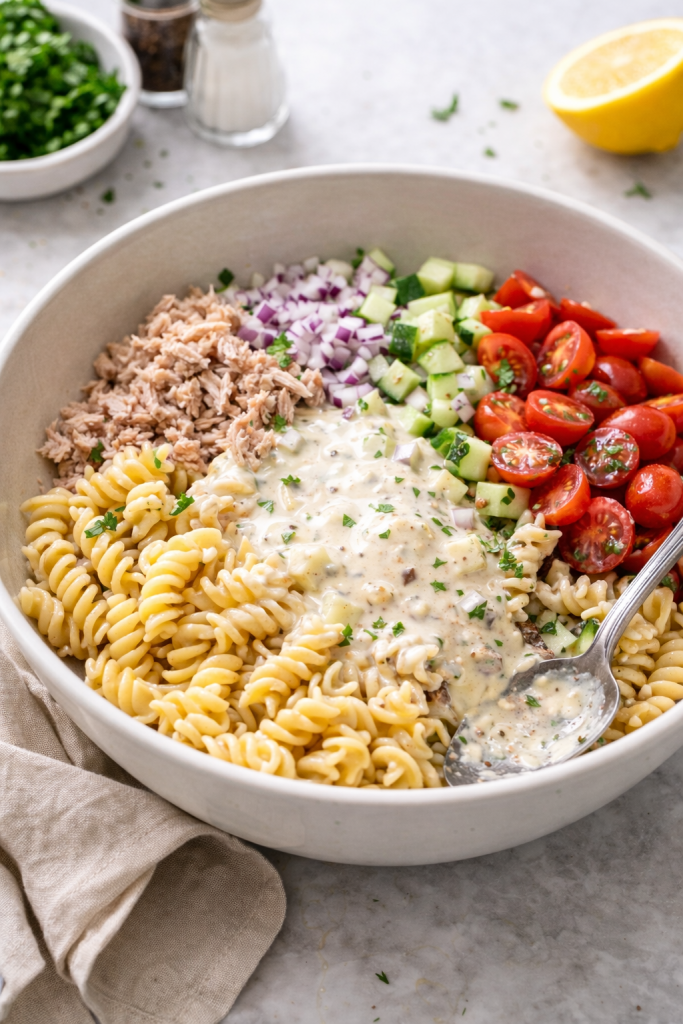ingredients for quick tuna pasta salad being mixed in a bowl with pasta, tuna, tomatoes and cucumber