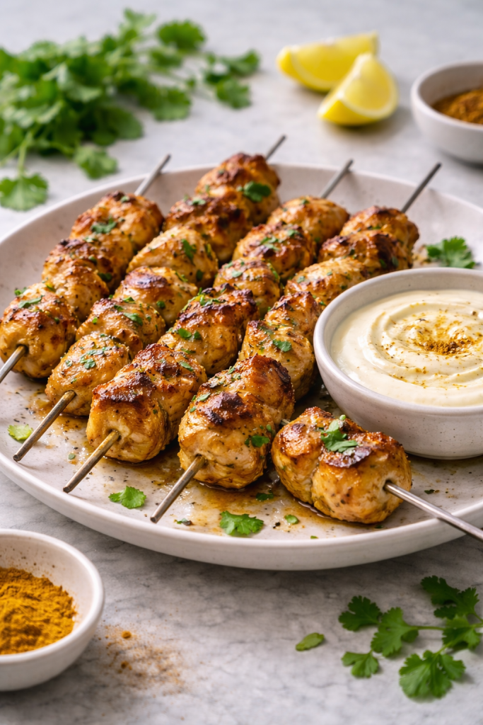Indian-style turkey skewers served with curry yogurt sauce