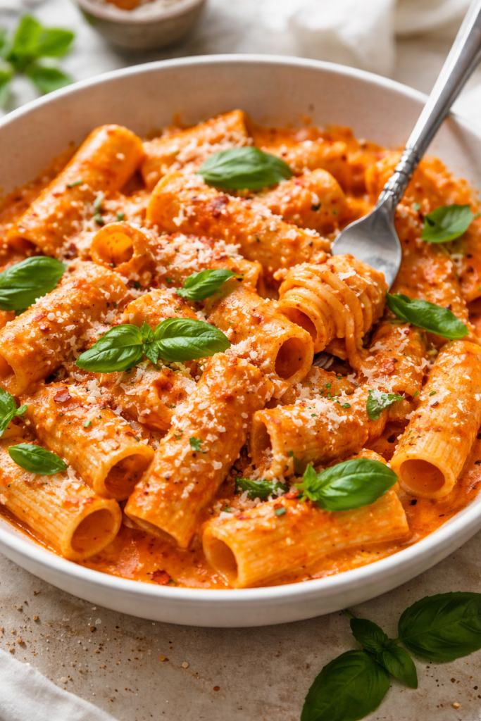 Creamy vodka pasta with tomato sauce and parmesan cheese
