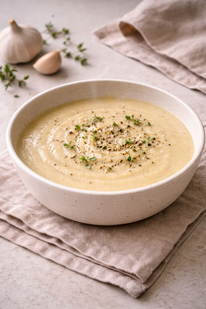 Smooth garlic soup served hot in a simple bowl with soft steam rising