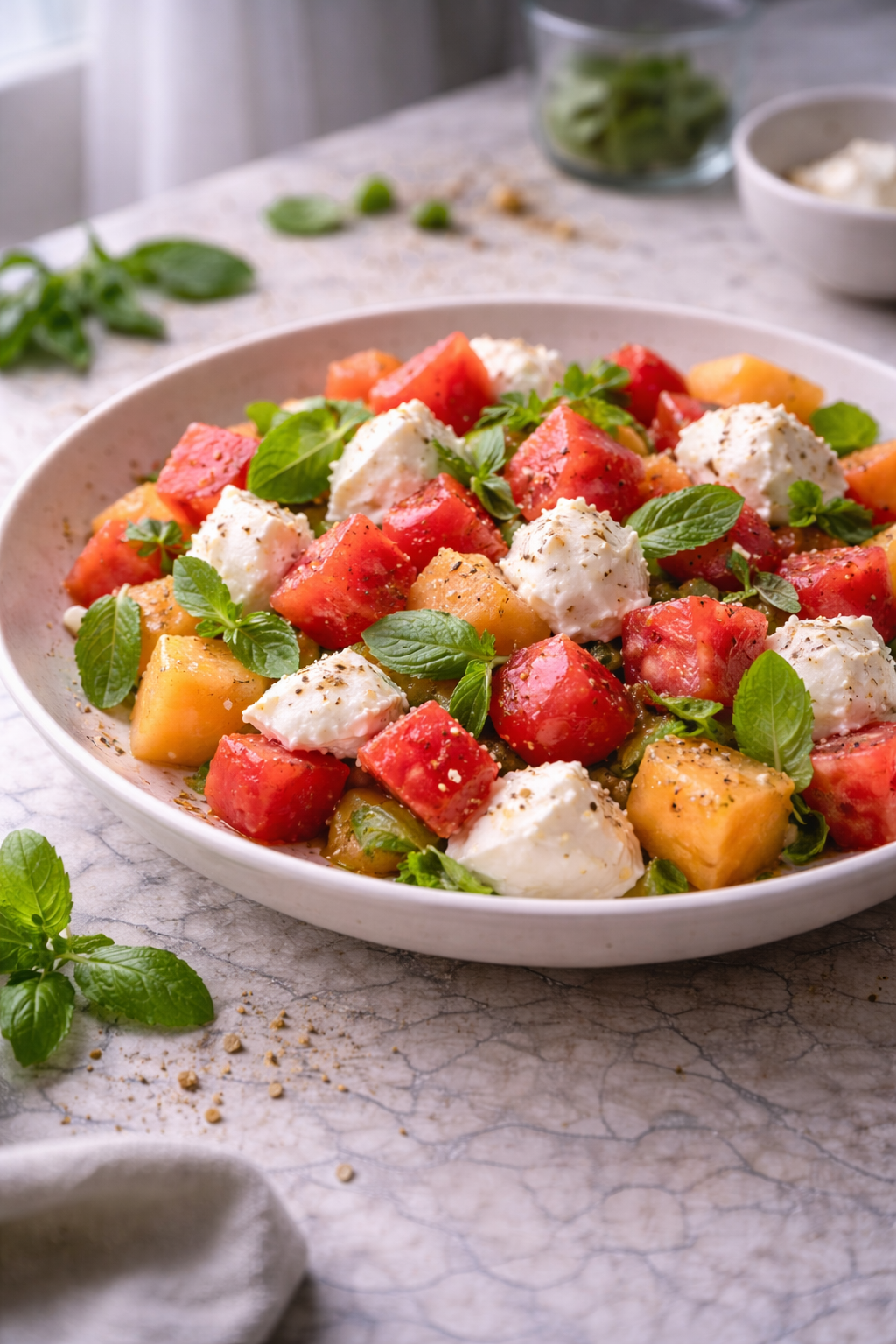 Fresh watermelon, melon and mozzarella salad served in a bowl with mint and basil, natural light, home-style presentation