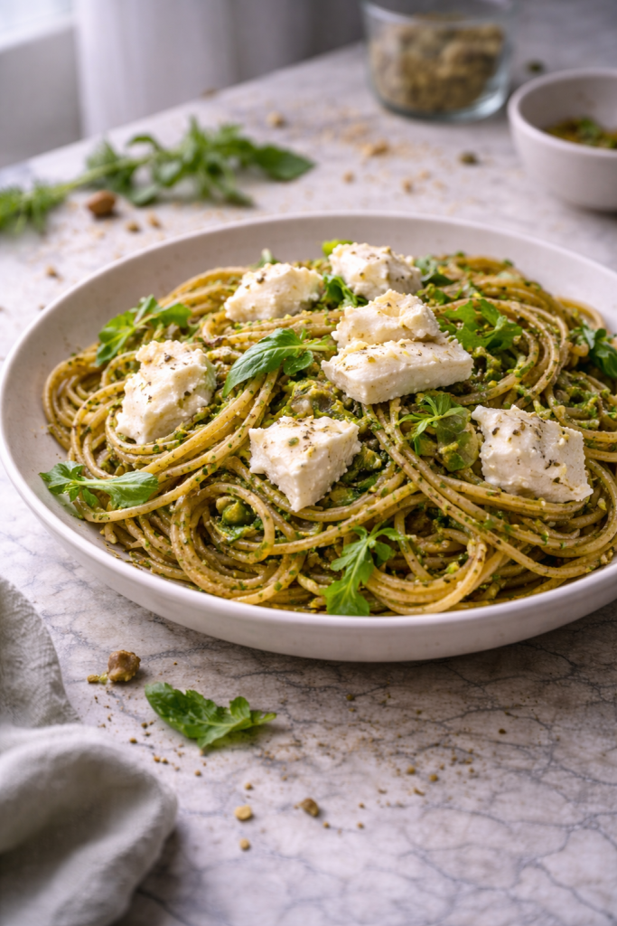 Whole-wheat spaghetti tossed with fresh arugula pesto and topped with torn mozzarella, served in a simple bowl with natural light.