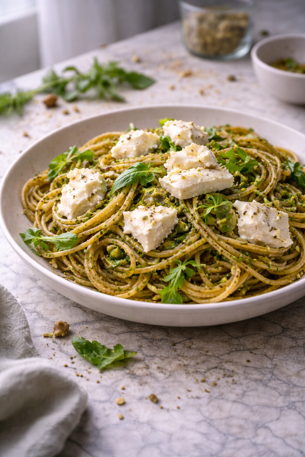 Whole-wheat spaghetti tossed with fresh arugula pesto and topped with torn mozzarella, served in a simple bowl with natural light.