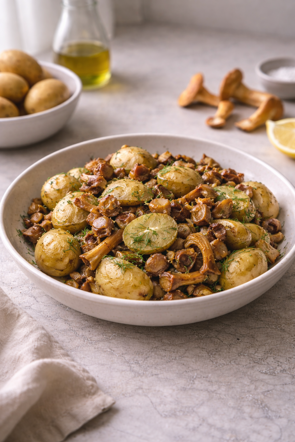 Young potato salad with chanterelle mushrooms served warm in a simple home kitchen setting