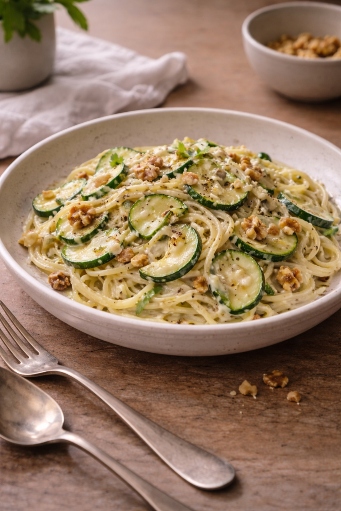 Creamy pasta with zucchini and melted gorgonzola served simply on a plate