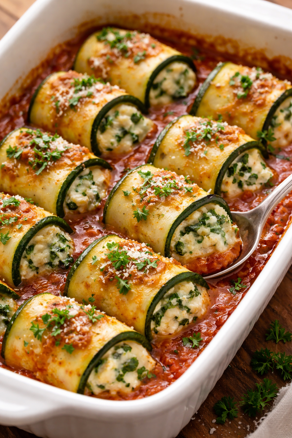 baked zucchini rolls with creamy cheese and spinach in tomato sauce