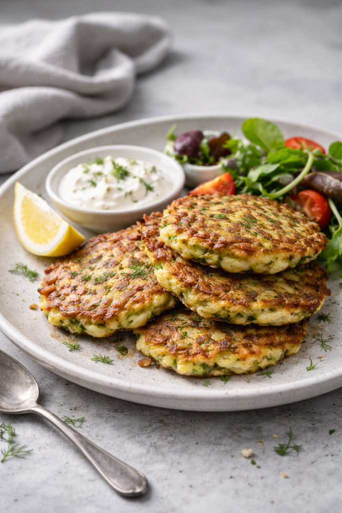 Golden zucchini fritters with smoked bacon stacked on a plate, crisp edges visible