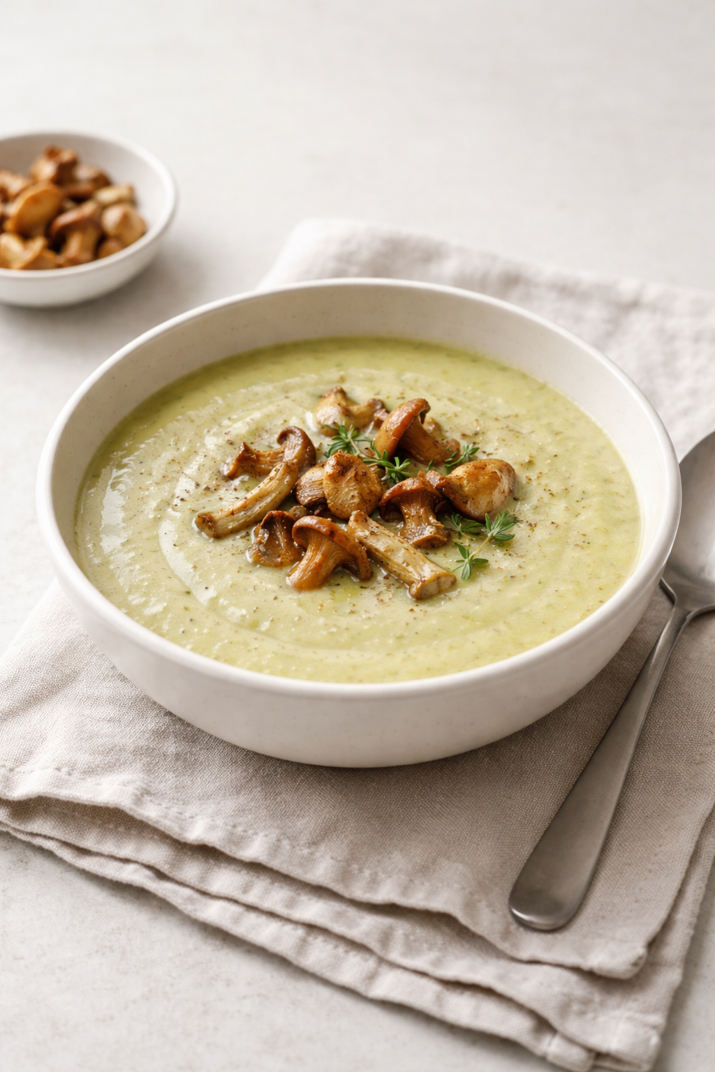 Creamy zucchini soup topped with sautéed wild mushrooms in a simple ceramic bowl