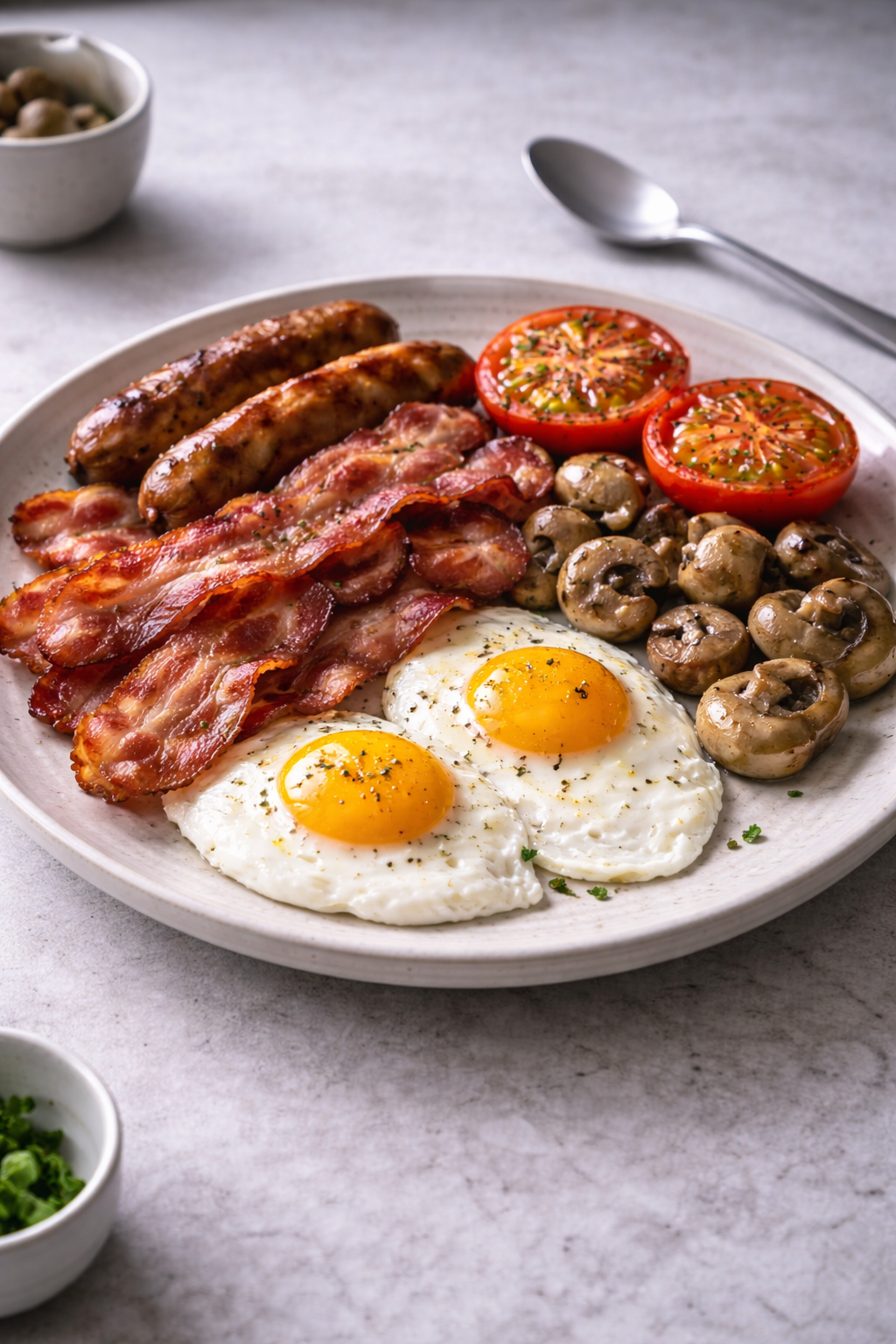 Air fryer fry-up made quickly with sausages, bacon, eggs, and vegetables for a cheap homemade meal