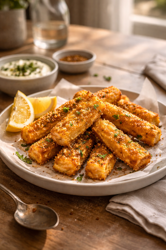 Air fryer halloumi sticks with a crispy coating served as an easy snack recipe