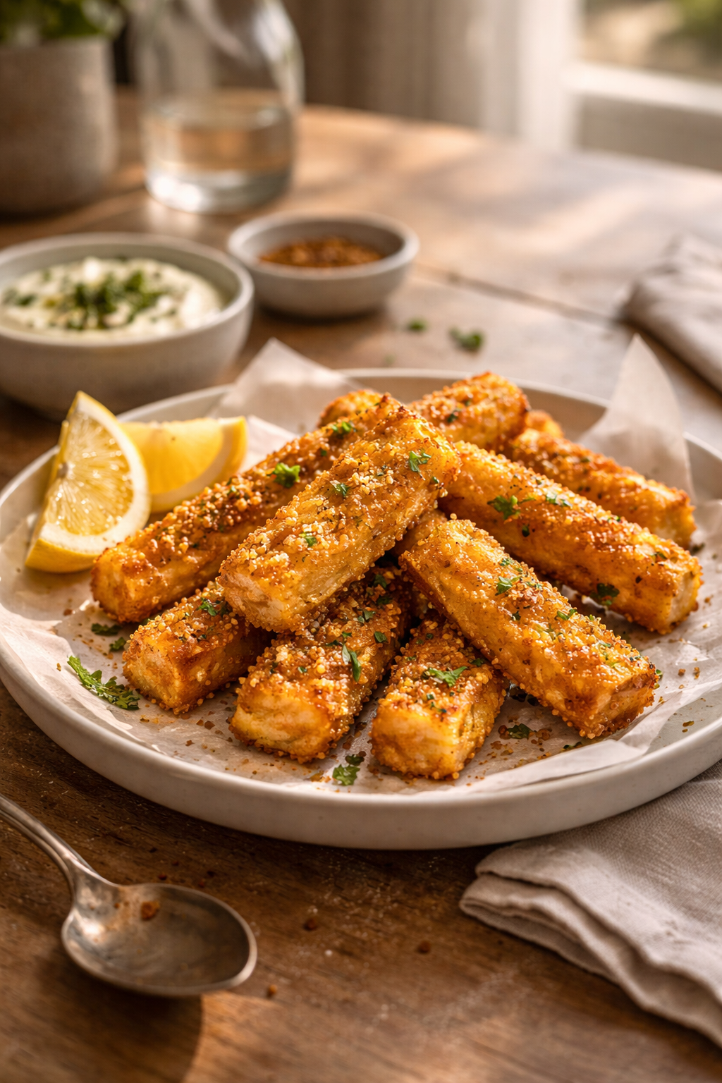 Air fryer halloumi sticks with a crispy coating served as an easy snack recipe
