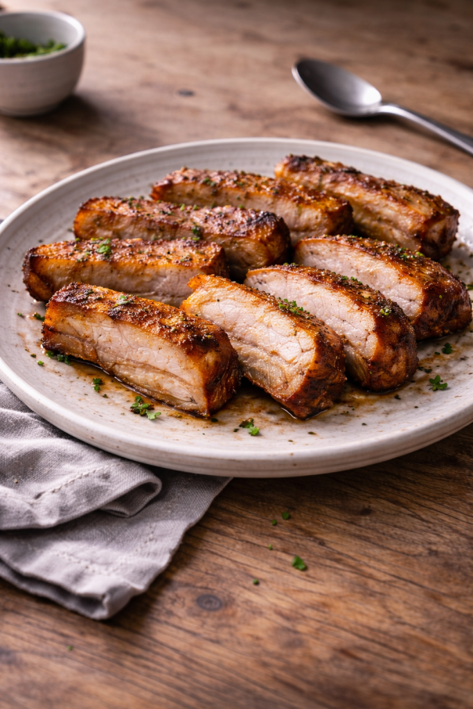 Juicy air fryer pork belly cooked quickly with crisp edges for an easy homemade dinner