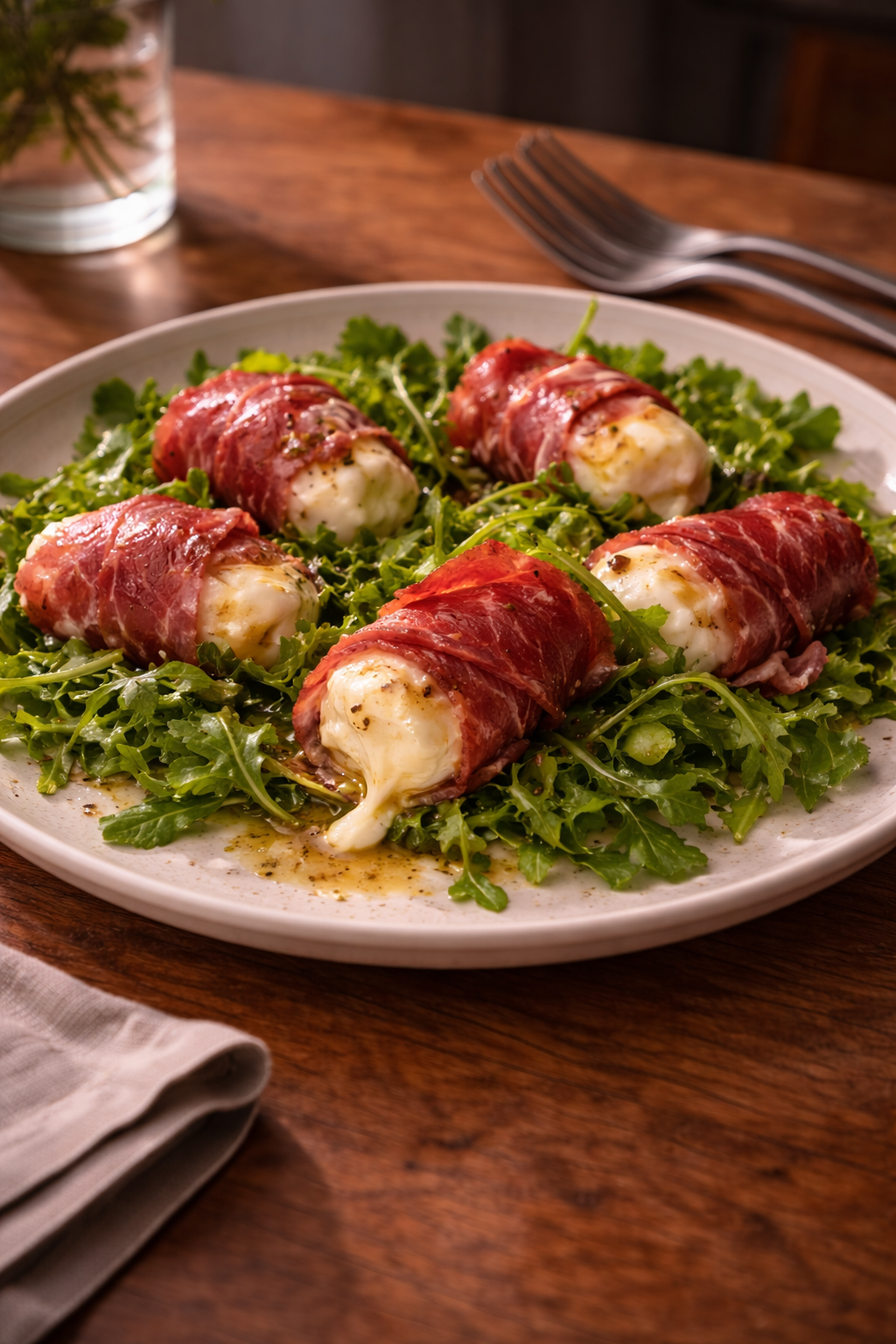 Warm mozzarella and bresaola arugula salad for a quick, light dinner without cooking