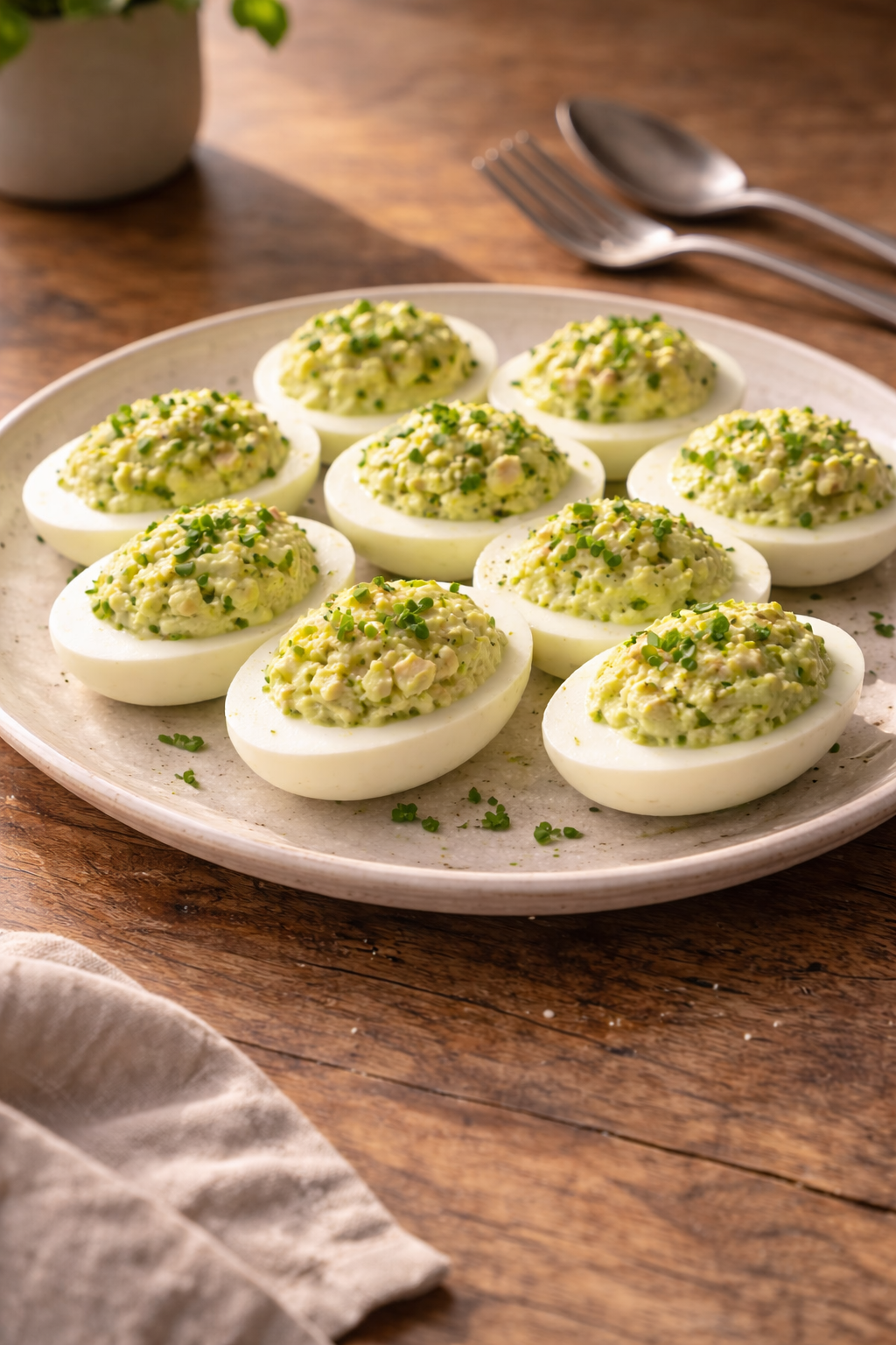 Avocado stuffed eggs prepared as a quick and easy Easter appetizer with a fresh, light filling.