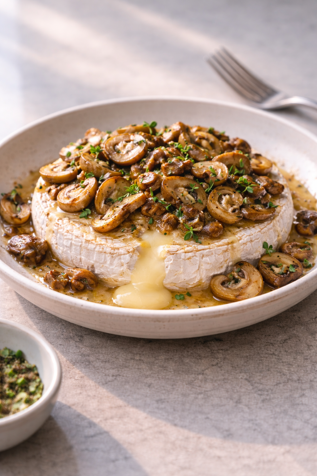 Easy baked brie with mushrooms made for a creamy, no-fuss oven dish