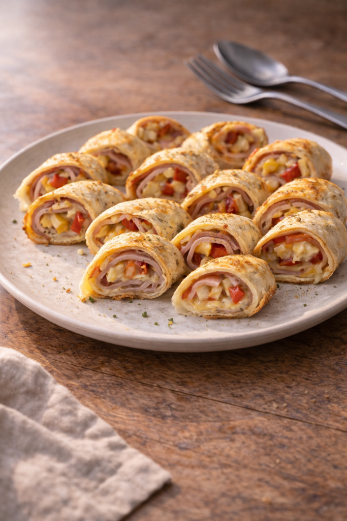 Baked tortilla rolls with cheese and ham served as a warm, easy meal with balanced flavors.