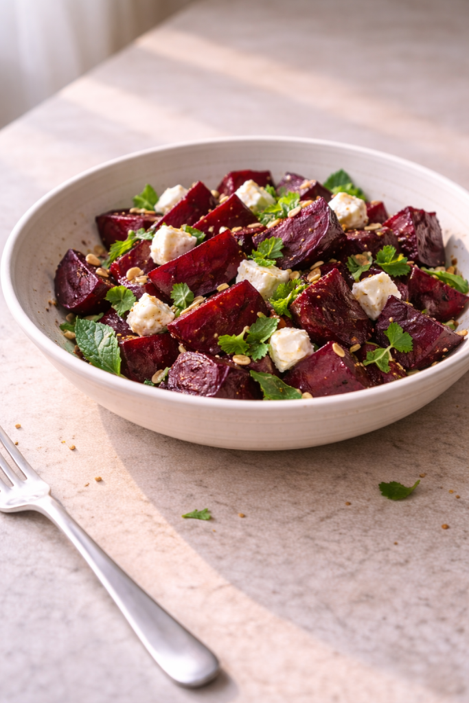 Beet salad with mint and cheese made to highlight balanced flavors in a simple, fresh dish