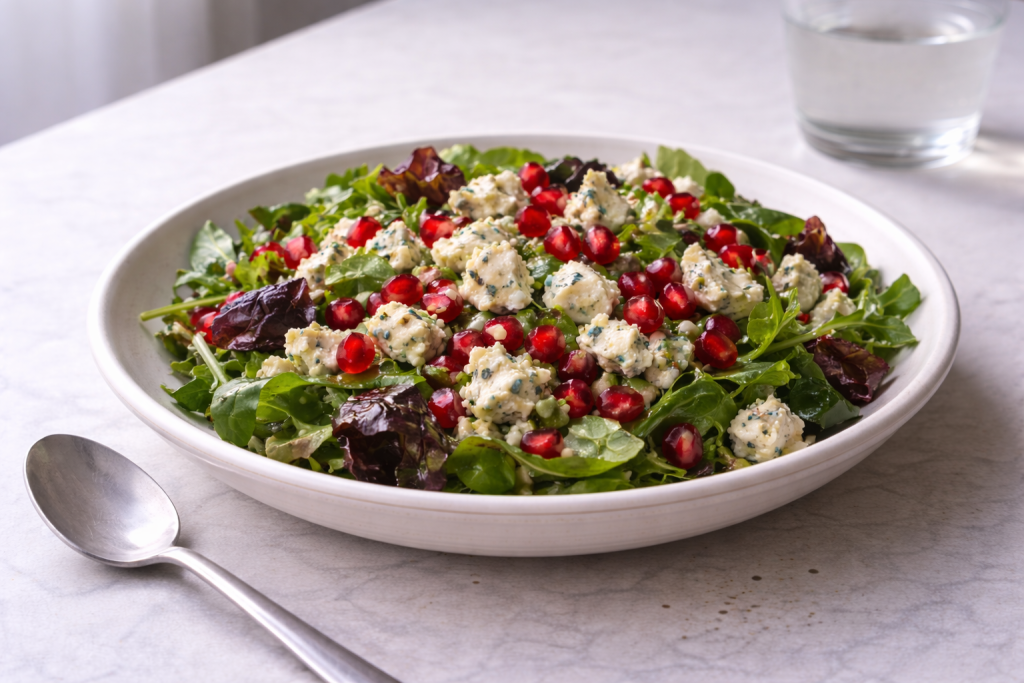 Blue cheese and pomegranate salad prepared as a quick, low-effort dish with bold flavor