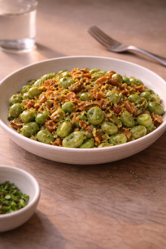 Broad bean salad with crispy onion prepared as a simple, flavorful meal or side dish