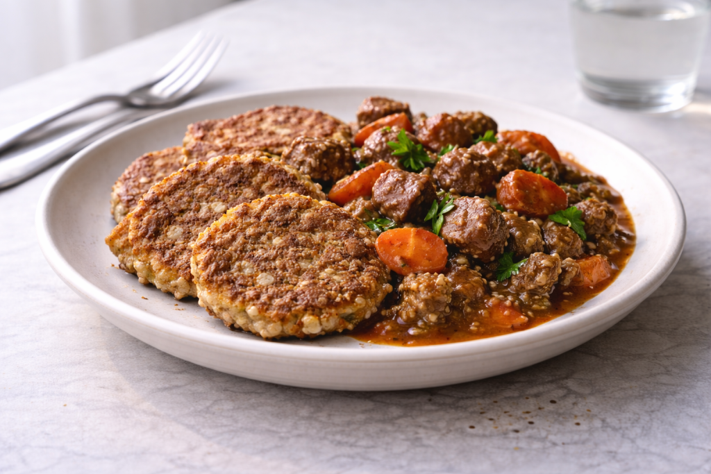 Buckwheat fritters served with a savory stew as a warm, filling homemade meal