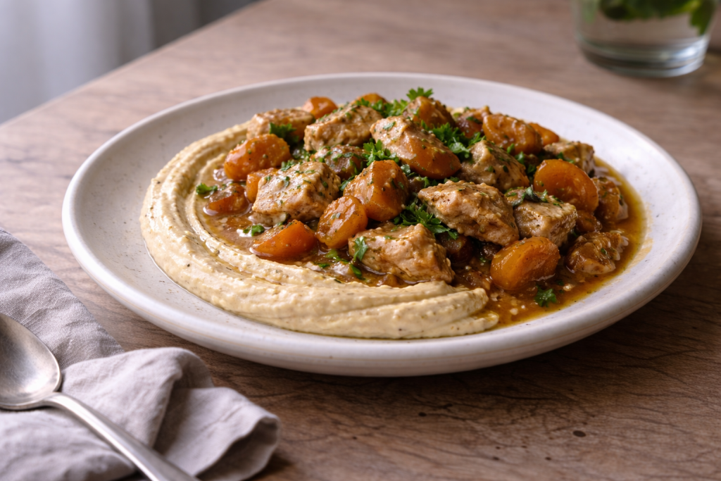 Chicken and apricot tagine served with hummus as a balanced, comforting dinner