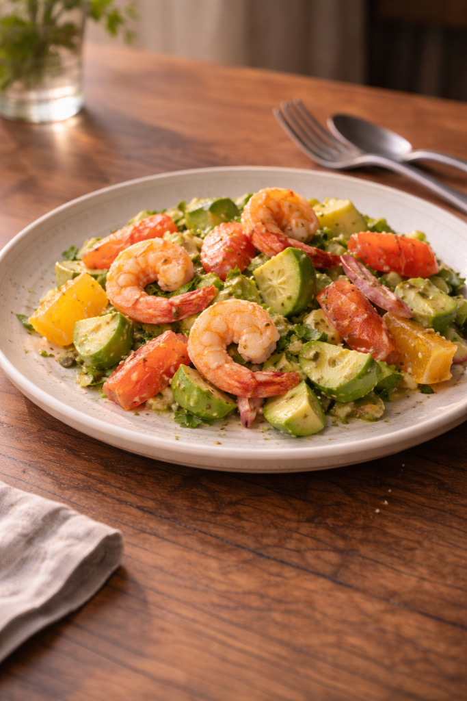 Citrus shrimp and avocado salad served as a light, fresh meal