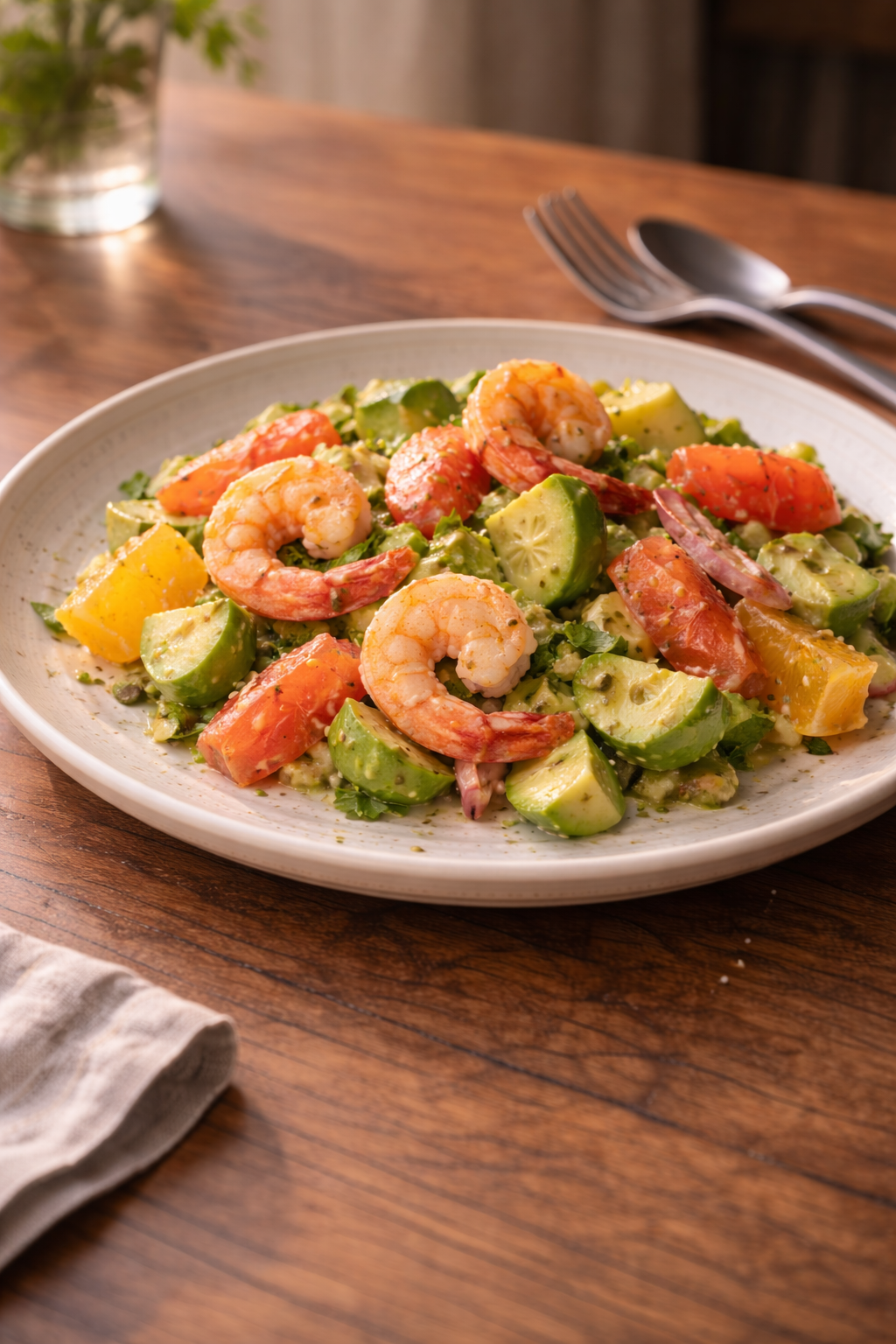 Citrus shrimp and avocado salad served as a light, fresh meal