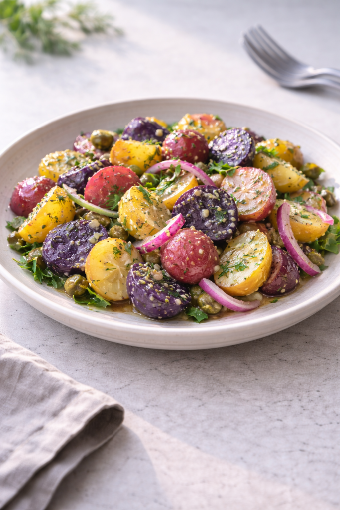 Refreshing colorful potato salad prepared for an easy, light meal with bright flavors