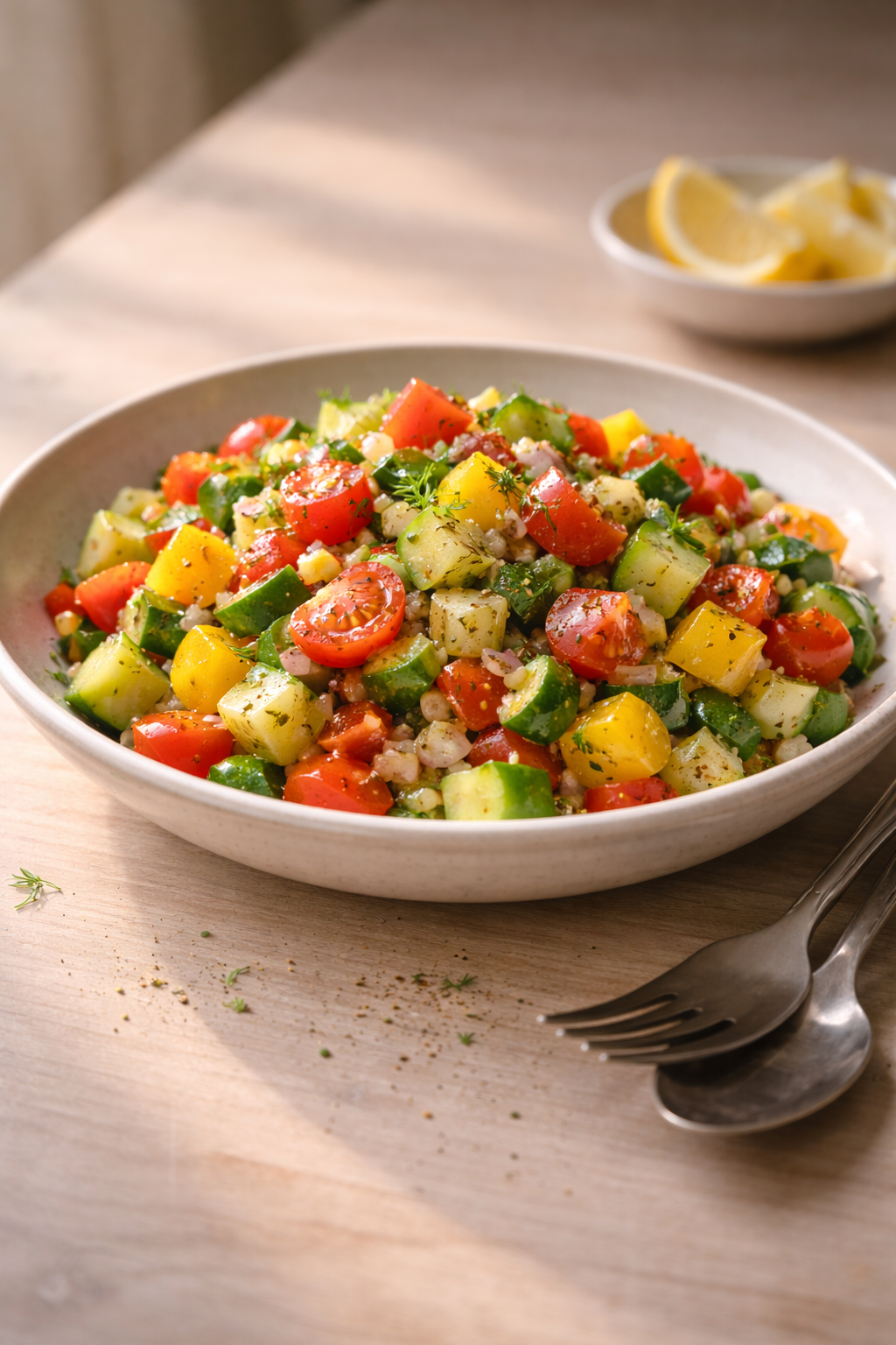 Colorful vegetable salad made for a fresh, good-looking meal with clean flavor and no cooking required