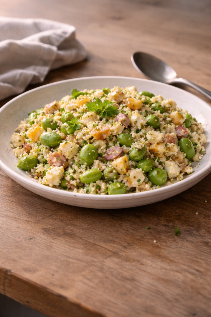 Couscous salad with broad beans and smoked cheese made as a flavorful, filling meal