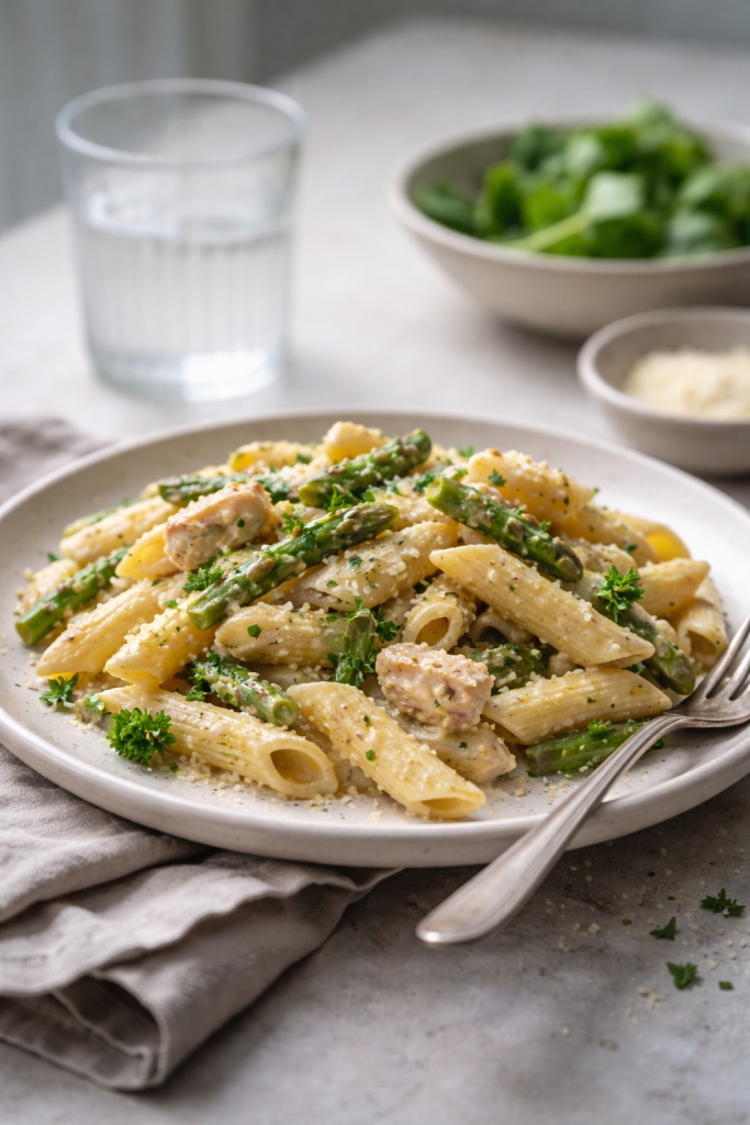creamy chicken and asparagus penne for an easy weeknight dinner