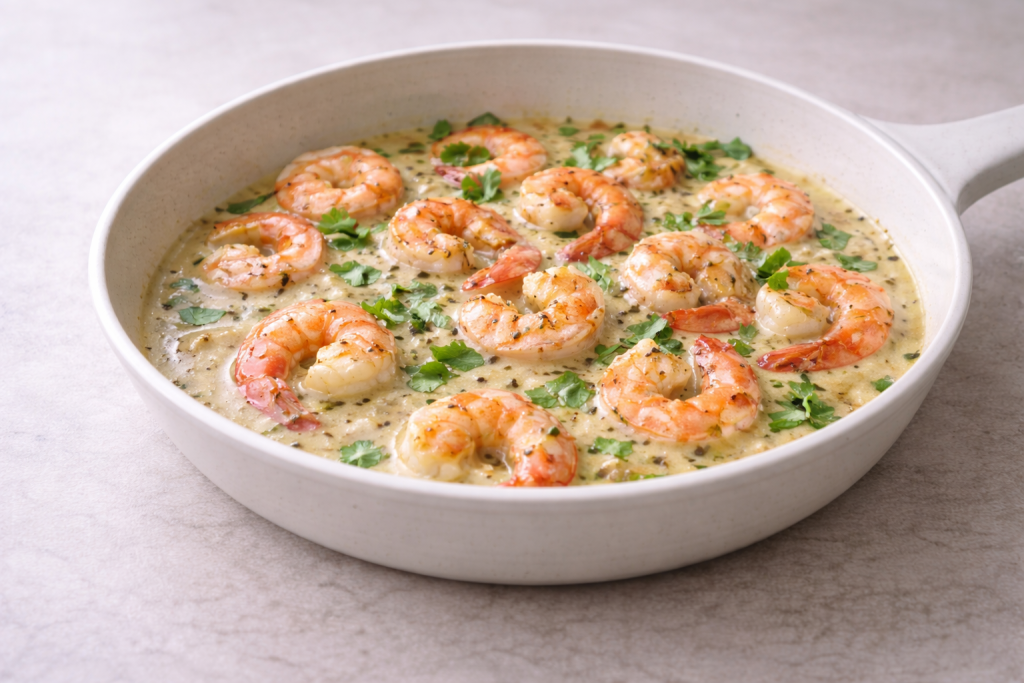 Creamy coconut milk shrimp made as a quick, flavorful dinner with rich aroma and soft texture