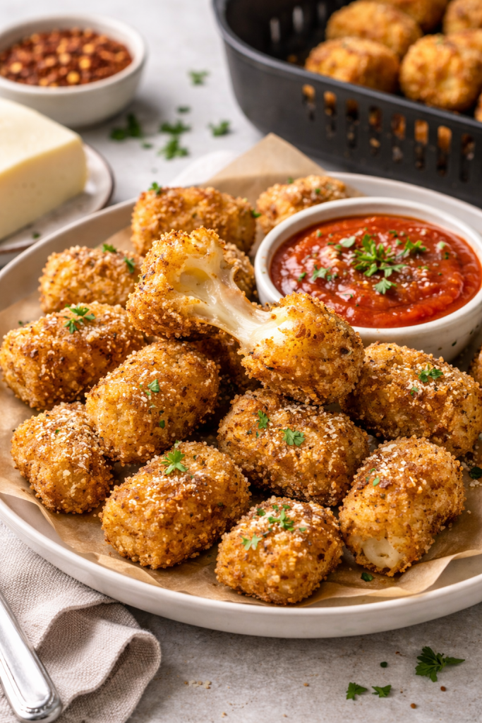crispy air fryer mozzarella bites with golden breadcrumb coating