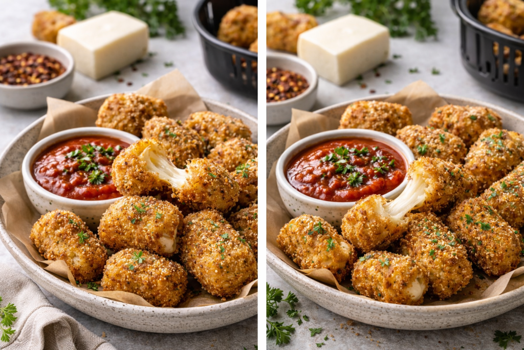 crispy air fryer mozzarella bites with marinara sauce on a plate
