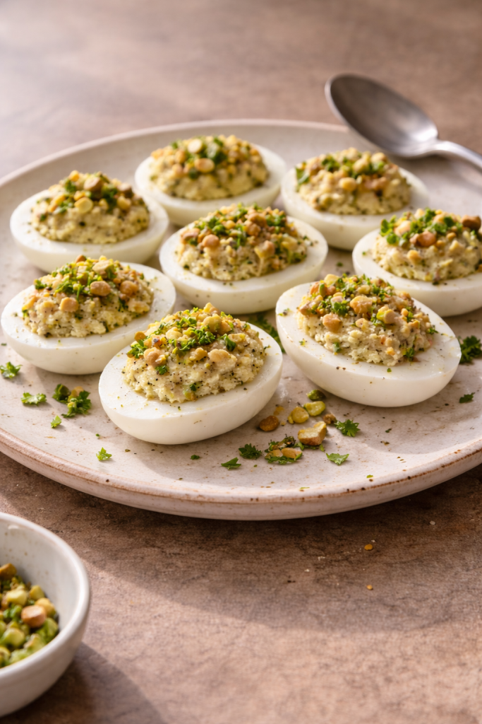 Easy Easter stuffed eggs with pistachios prepared ahead for a stress-free holiday appetizer