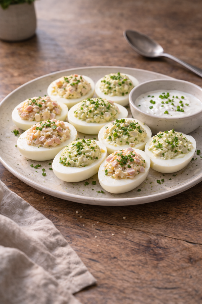 Stuffed eggs prepared two ways with a simple sauce as a quick and easy Easter appetizer.